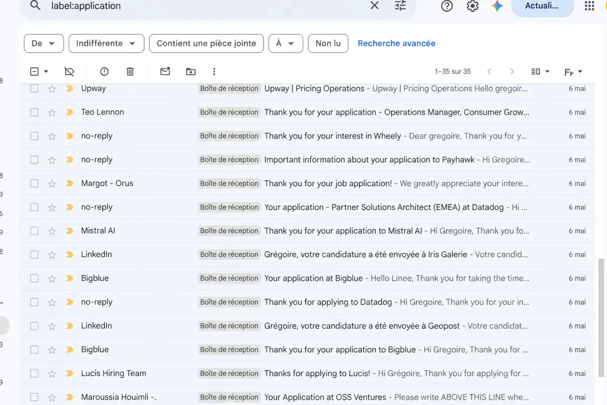 Boîte mail affichant plusieurs confirmations de candidatures envoyées
